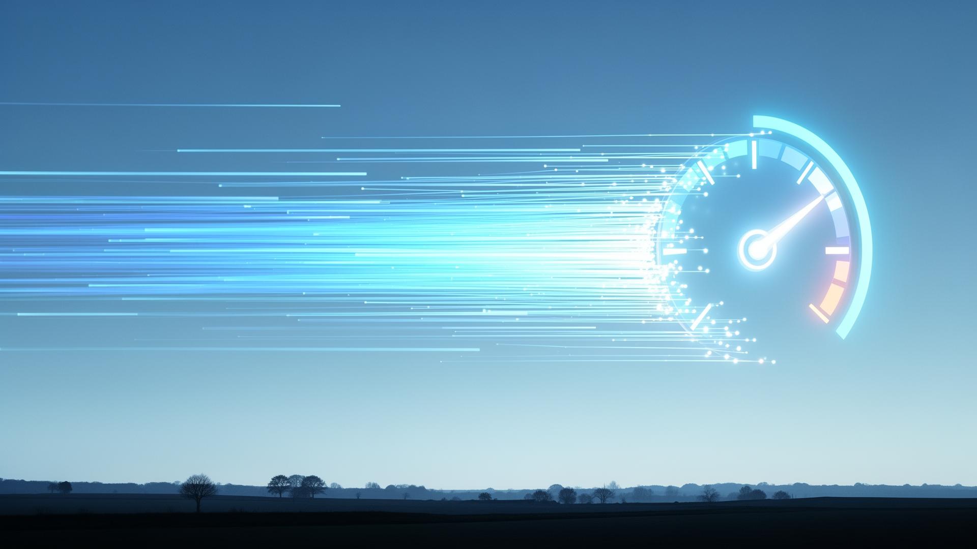 Glasvezel lichtstromen schieten naar een gloeiende snelheidsmeter boven een Nederlands landschap